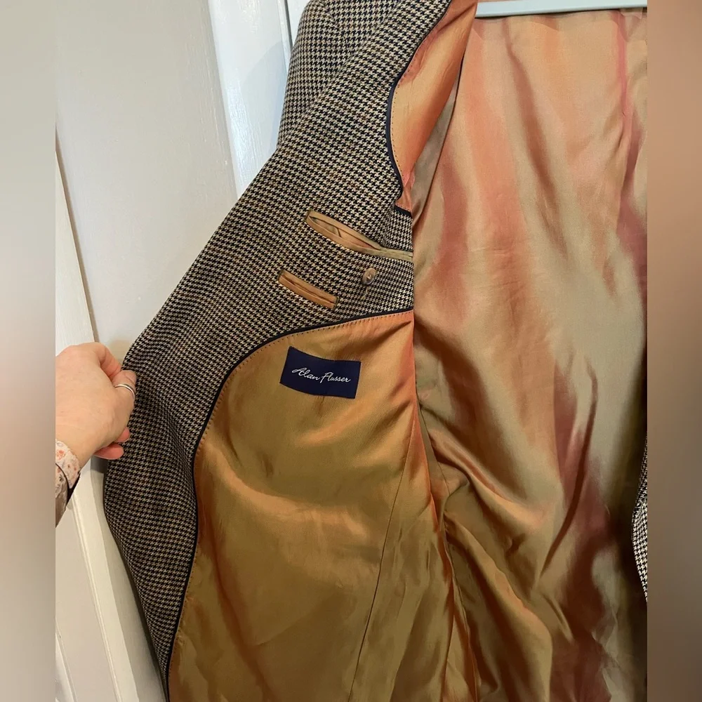 Alan Flusser Worsted Wool Houndstooth Blazer Jacket Sz 46R Tan/ Brown Academia